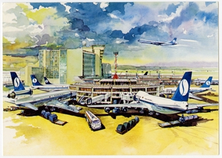 Image: postcard: Sabena Belgian Air Lines, Boeing 707, Boeing 737, Douglas DC-10, Boeing 747, Brussels Airport