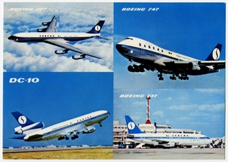 Image: postcard: Sabena Belgian Air Lines, Boeing 707, Boeing 747, Douglas DC-10, Boeing 737
