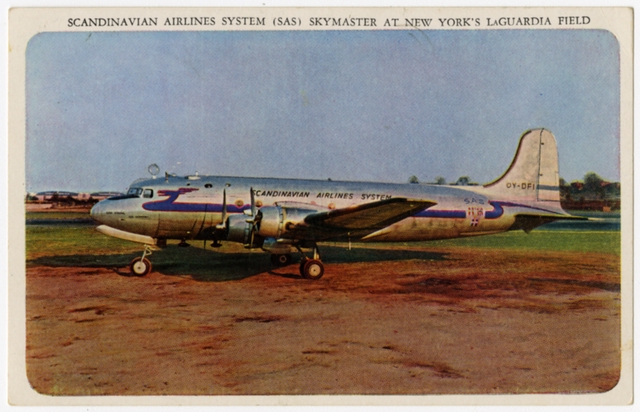 Postcard: Scandinavian Airlines System (SAS), Douglas DC-4, LaGuardia Airport