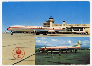 Image: postcard: Middle East Airlines (MEA), Sud Aviation Caravelle 6N, de Havilland Comet 4C, Beirut International Airport