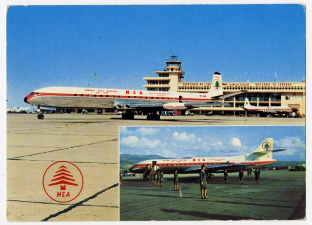Postcard: Middle East Airlines (MEA), Sud Aviation Caravelle 6N, de Havilland Comet 4C, Beirut International Airport