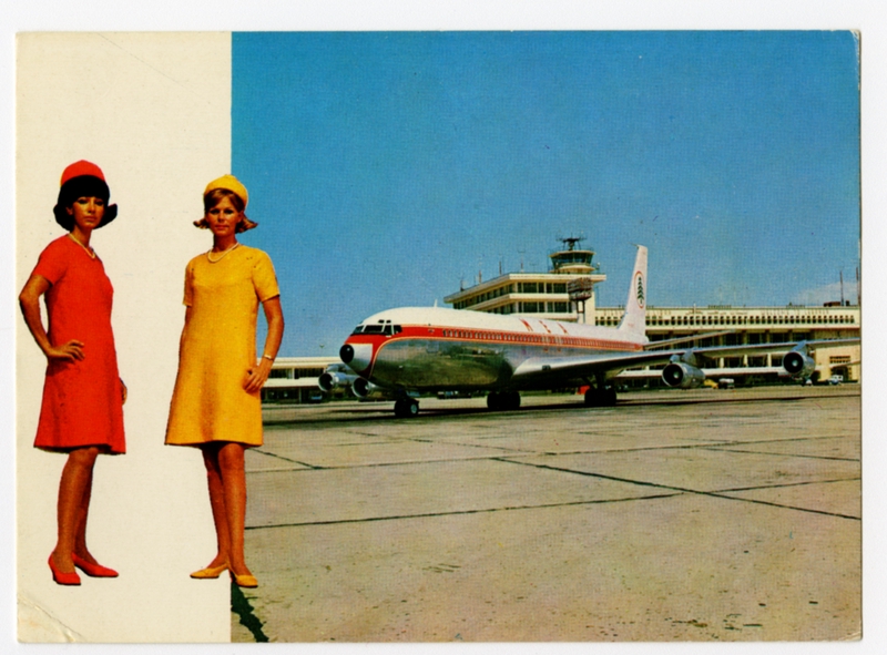 Image: postcard: Middle East Airlines (MEA), Boeing 707-320C, Beirut Airport, flight attendant