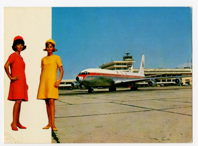 Postcard: Middle East Airlines (MEA), Boeing 707-320C, Beirut Airport, flight attendant