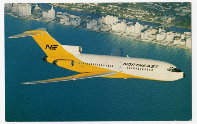 Postcard: Northeast Airlines, Boeing 727 Yellowbird, Miami Beach