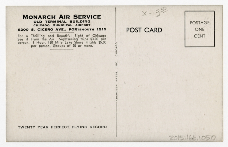 Image: postcard: Monarch Air Service, Douglas DC-3, Chicago