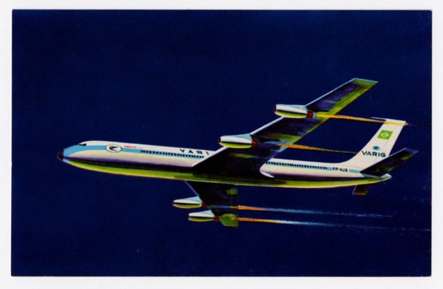 Postcard: VARIG, Boeing 707, route map
