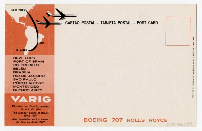 Image: postcard: VARIG, Boeing 707, route map