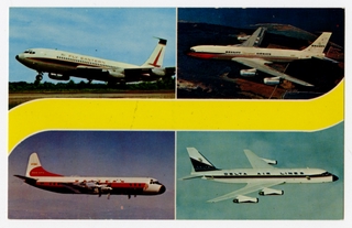 Image: postcard: Braniff International, Delta Air Lines, Eastern Air Lines, Western Airlines, Convair 880, Lockheed Electra, Boeing 707
