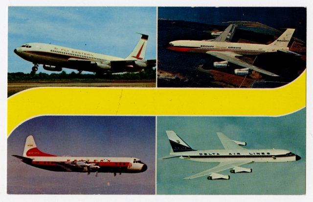 Postcard: Braniff International, Delta Air Lines, Eastern Air Lines, Western Airlines, Convair 880, Lockheed Electra, Boeing 707