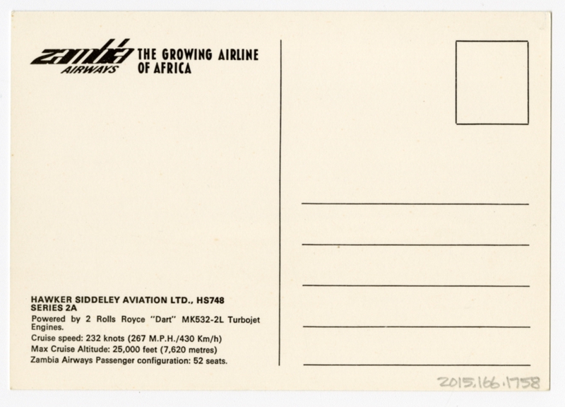 Image: postcard: Zambia Airways, Hawker Siddeley HS.748