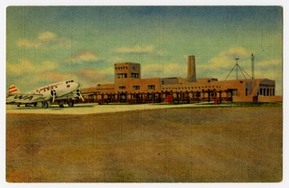 Image: postcard: Albuquerque Municipal Airport, Transcontinental & Western Air (TWA), Douglas DC-3