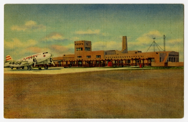 Postcard: Albuquerque Municipal Airport, Transcontinental & Western Air (TWA), Douglas DC-3