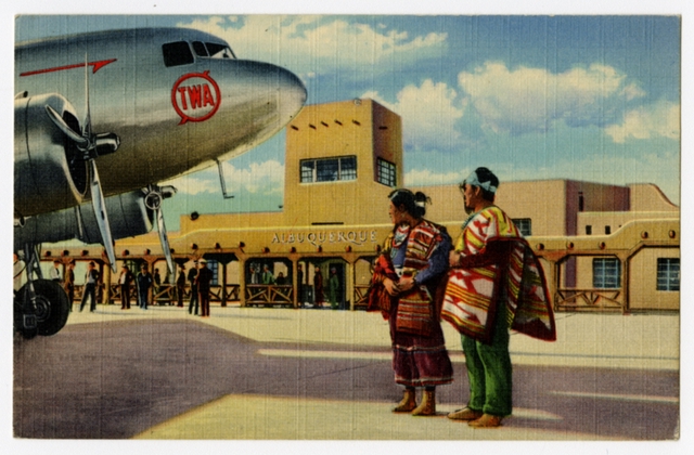 Postcard: Albuquerque Municipal Airport, Douglas DC-3, Transcontinental & Western Air (TWA)