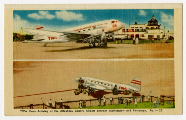 Postcard: TWA, Douglas DC-3, Allegheny County Airport