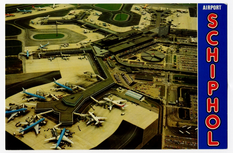 Image: postcard: Amsterdam Airport Schiphol, KLM (Royal Dutch Airlines), United Airlines, Boeing 747