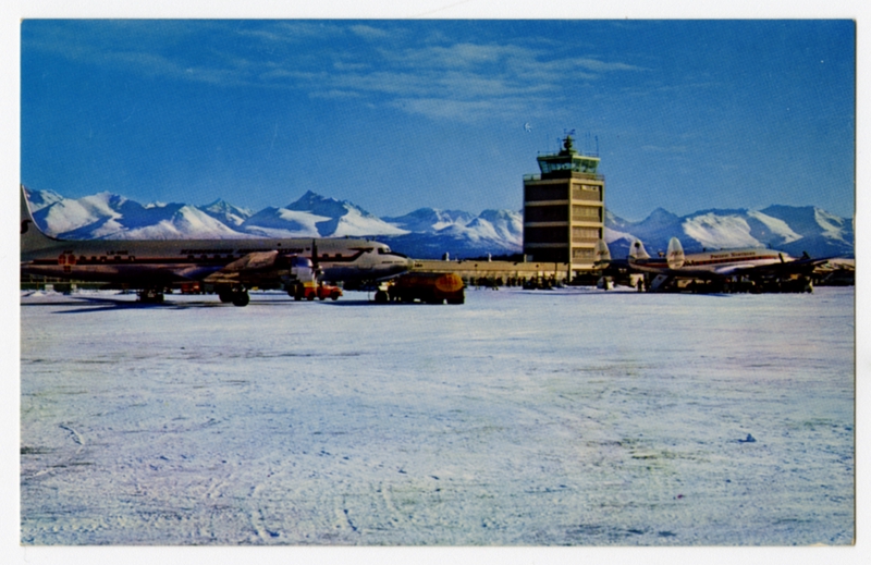 Image: postcard: Anchorage International Airport, Scandinavian Airlines System (SAS), Pacific Northern Airlines, Douglas DC-7, Lockheed Constellation