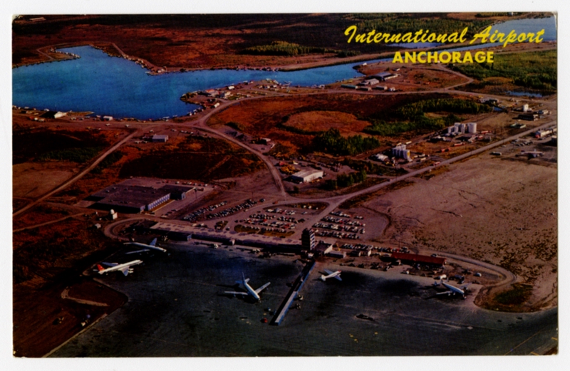 Image: postcard: Anchorage International Airport, Northwest Airlines, Boeing 707, Douglas DC-3, Lockheed Constellation