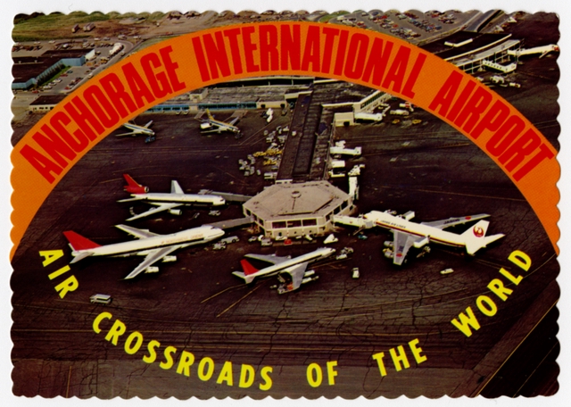 Postcard: Anchorage International Airport, Northwest Orient, Japan Air Lines, Wien Alaska, Boeing 747, Douglas DC-10, Boeing 737