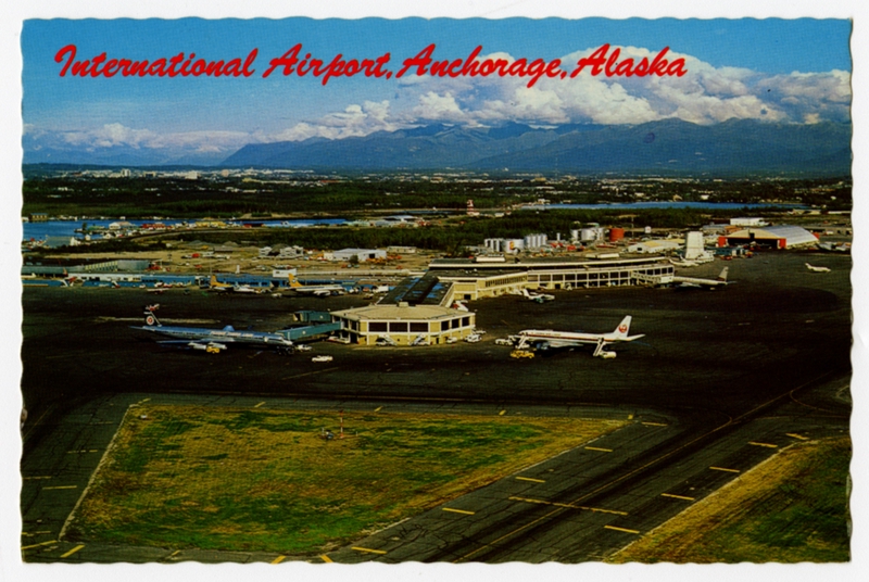 Image: postcard: Anchorage International Airport, Flying Tiger Line, JAL, Wien Alaska, Fokker F.27, Douglas DC-8