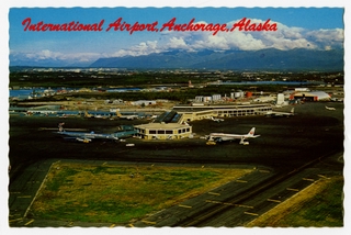Image: postcard: Anchorage International Airport, Flying Tiger Line, JAL, Wien Alaska, Fokker F.27, Douglas DC-8