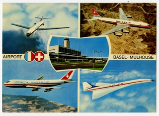 Image: postcard: Airport Basel - Mulhouse, Air France, Swissair, Boeing 747, Sud Aviation Caravelle, Douglas DC-8-62, Concorde