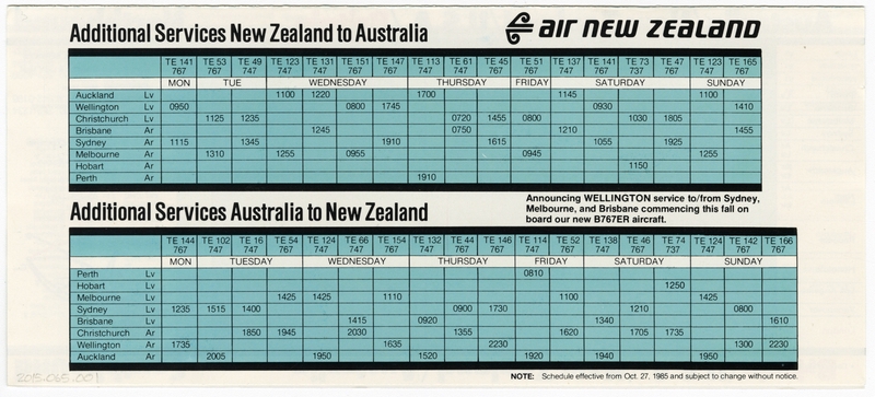 Image: timetable: Air New Zealand, New Zealand - Australia, Boeing 747 schedule