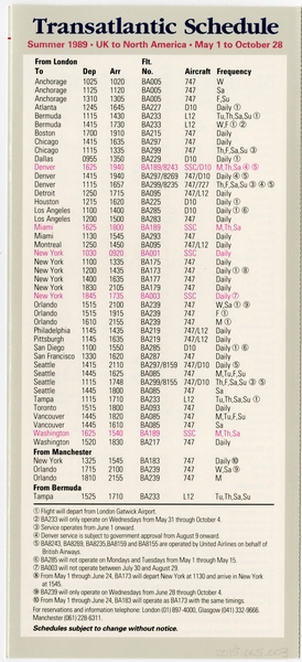 Image: timetable: British Airways, spring/summer transatlantic schedule