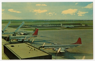 Image: postcard: Chicago O’Hare Airport, Northwest Airlines, Continental Airlines, Lockheed L-188, Boeing 707, fuel tanks