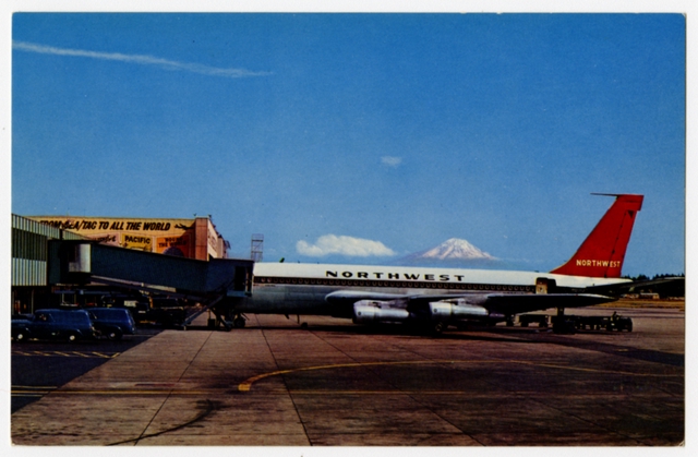 Postcard: Northwest Orient Airlines, Boeing 720B, Seattle-Tacoma International Airport