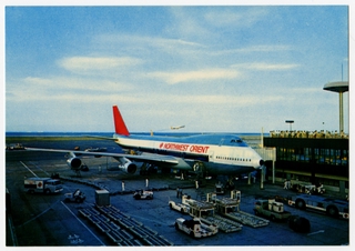 Image: postcard: Northwest Orient Airlines, Boeing 747, Tokyo Airport
