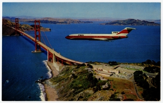 Image: postcard: Pacific Southwest Airlines (PSA), Boeing 727, Golden Gate Bridge, San Francisco