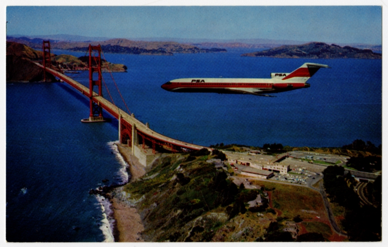 Image: postcard: Pacific Southwest Airlines (PSA), Boeing 727, Golden Gate Bridge, San Francisco