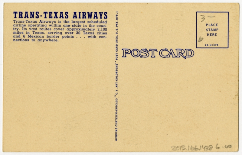 Image: postcard: Trans-Texas Airways, Douglas DC-3, flight attendant