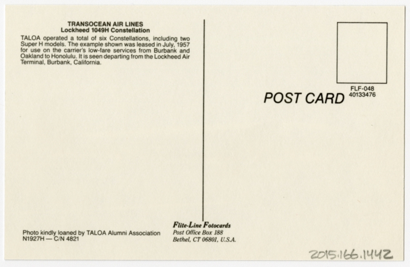 Image: postcard: Transocean Air Lines, Lockheed L-1049H Constellation, Burbank Airport