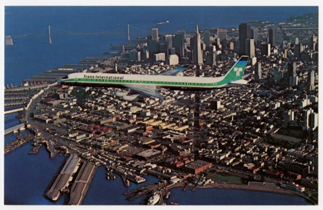 Postcard: Trans International Airlines, Douglas DC-8, San Francisco
