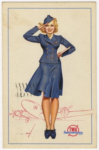 Postcard: Transcontinental & Western Air (TWA), Boeing Stratoliner, flight attendant