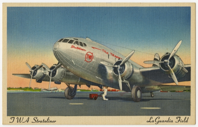 Postcard: Transcontinental & Western Air (TWA), Boeing 307 Stratoliner, LaGuardia Airport