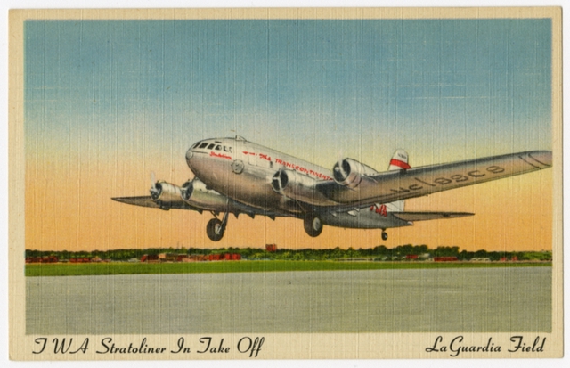 Postcard: Transcontinental & Western Air (TWA), Boeing 307 Stratoliner, New York LaGuardia Airport