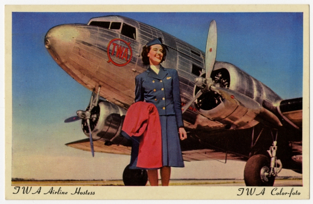 Postcard: Transcontinental & Western Air (TWA), Douglas DC-3, flight attendant