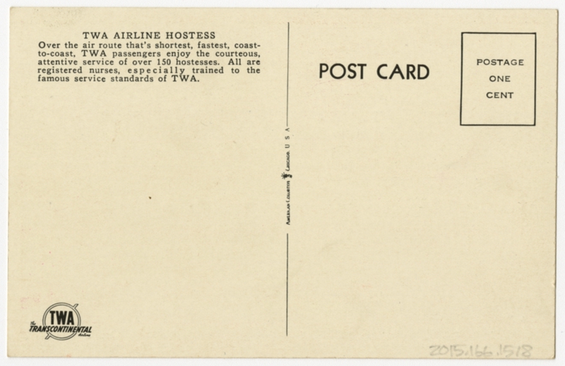 Image: postcard: Transcontinental & Western Air (TWA), Douglas DC-3, flight attendant