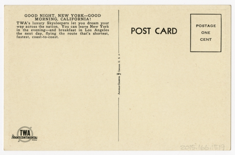 Image: postcard: Transcontinental & Western Air (TWA), Douglas DC-3, New York