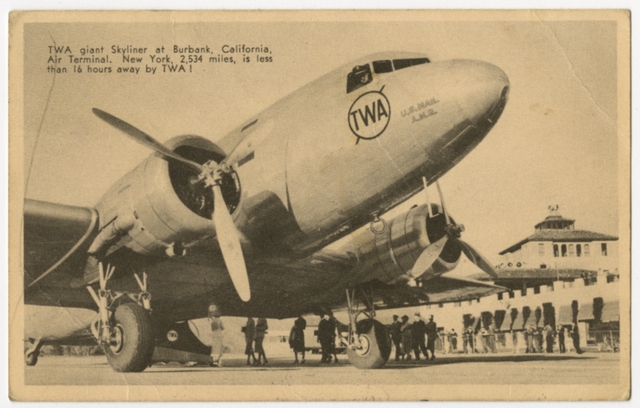Postcard: Transcontinental & Western Air (TWA), Douglas DC-3, Burbank Airport