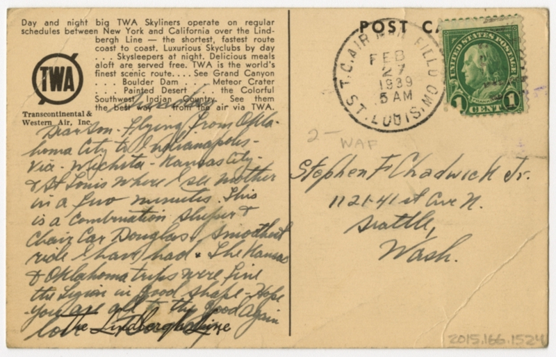 Image: postcard: Transcontinental & Western Air (TWA), Douglas DC-3, Burbank Airport