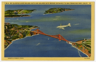 Image: postcard: Transcontinental & Western Air (TWA), Douglas DC-3, Golden Gate Bridge