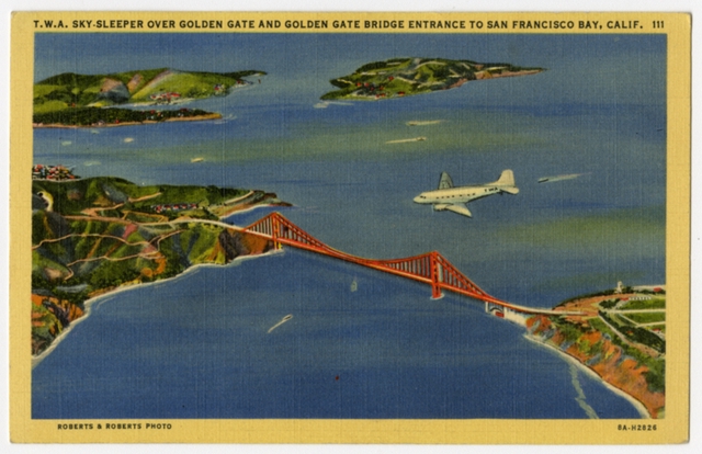 Postcard: Transcontinental & Western Air (TWA), Douglas DC-3, Golden Gate Bridge
