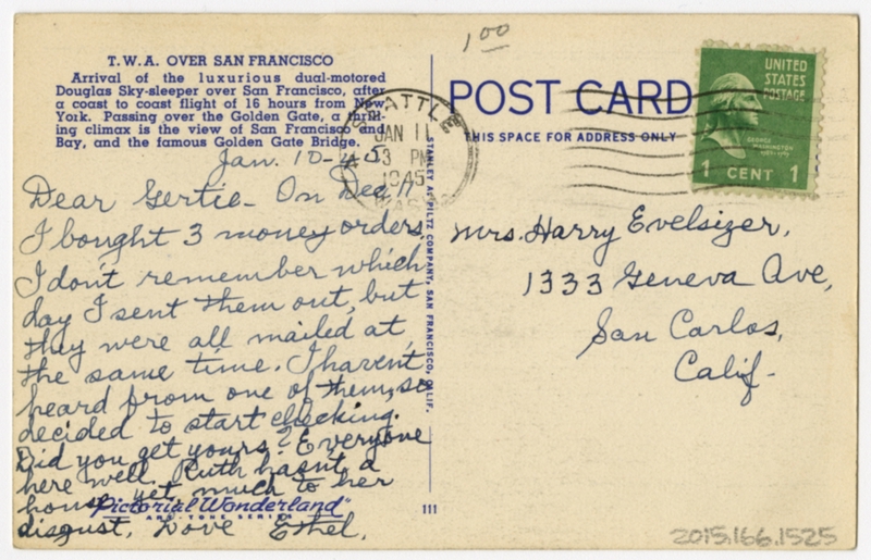 Image: postcard: Transcontinental & Western Air (TWA), Douglas DC-3, Golden Gate Bridge