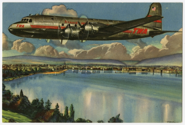 Postcard: TWA (Trans World Airlines), Douglas DC-6, Geneva