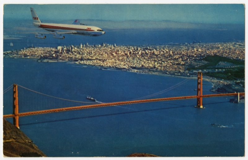 Image: postcard: TWA (Trans World Airlines), Boeing 707, Golden Gate Bridge