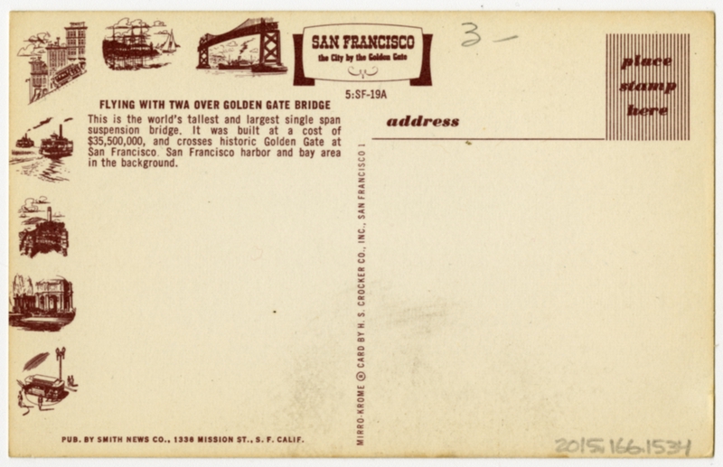 Image: postcard: TWA (Trans World Airlines), Boeing 707, Golden Gate Bridge