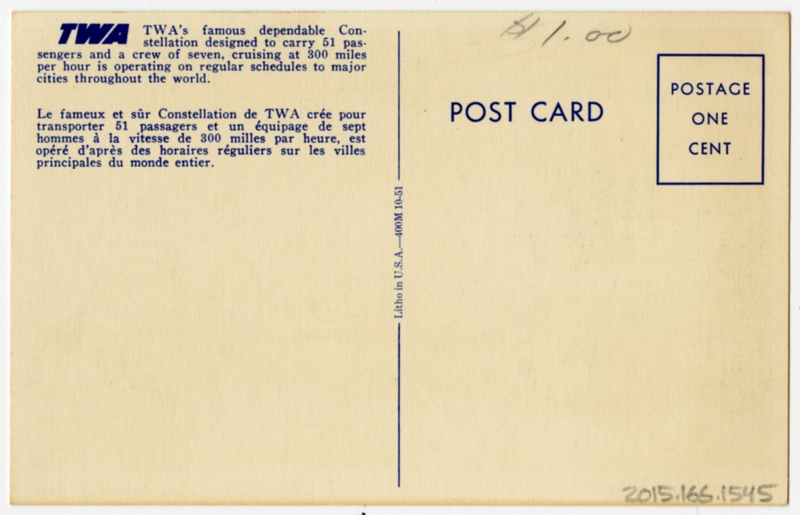 Image: postcard: TWA (Trans World Airlines), Lockheed Constellation